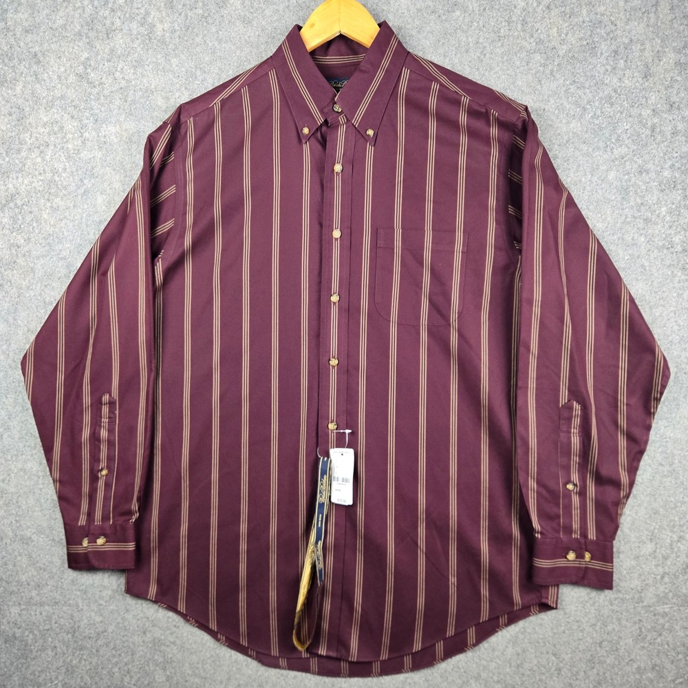 Brooks Brothers Button Down Shirt Mens Medium Burgundy Striped Non-Iron Cotton